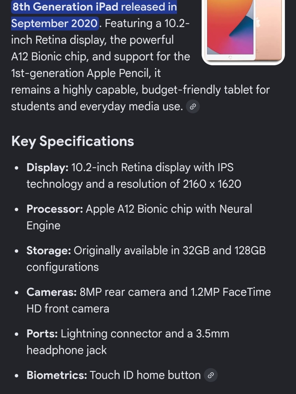 Apple iPad 8th Gen - White Front, Rose gold Back (Image)